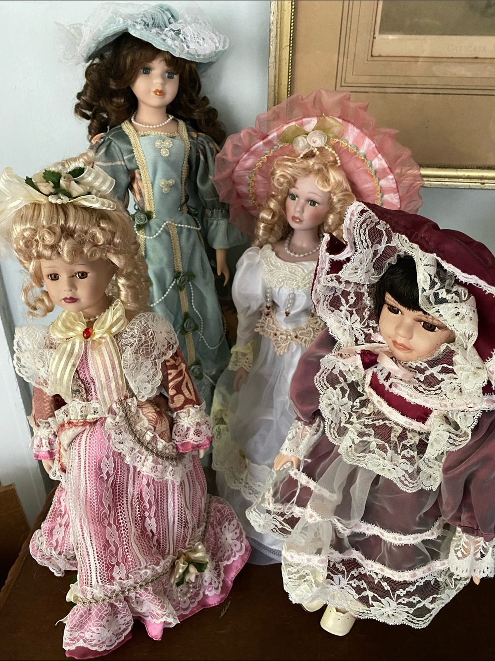 Porcelain Dolls in Fancy Dresses collection of 4 from early 2000s